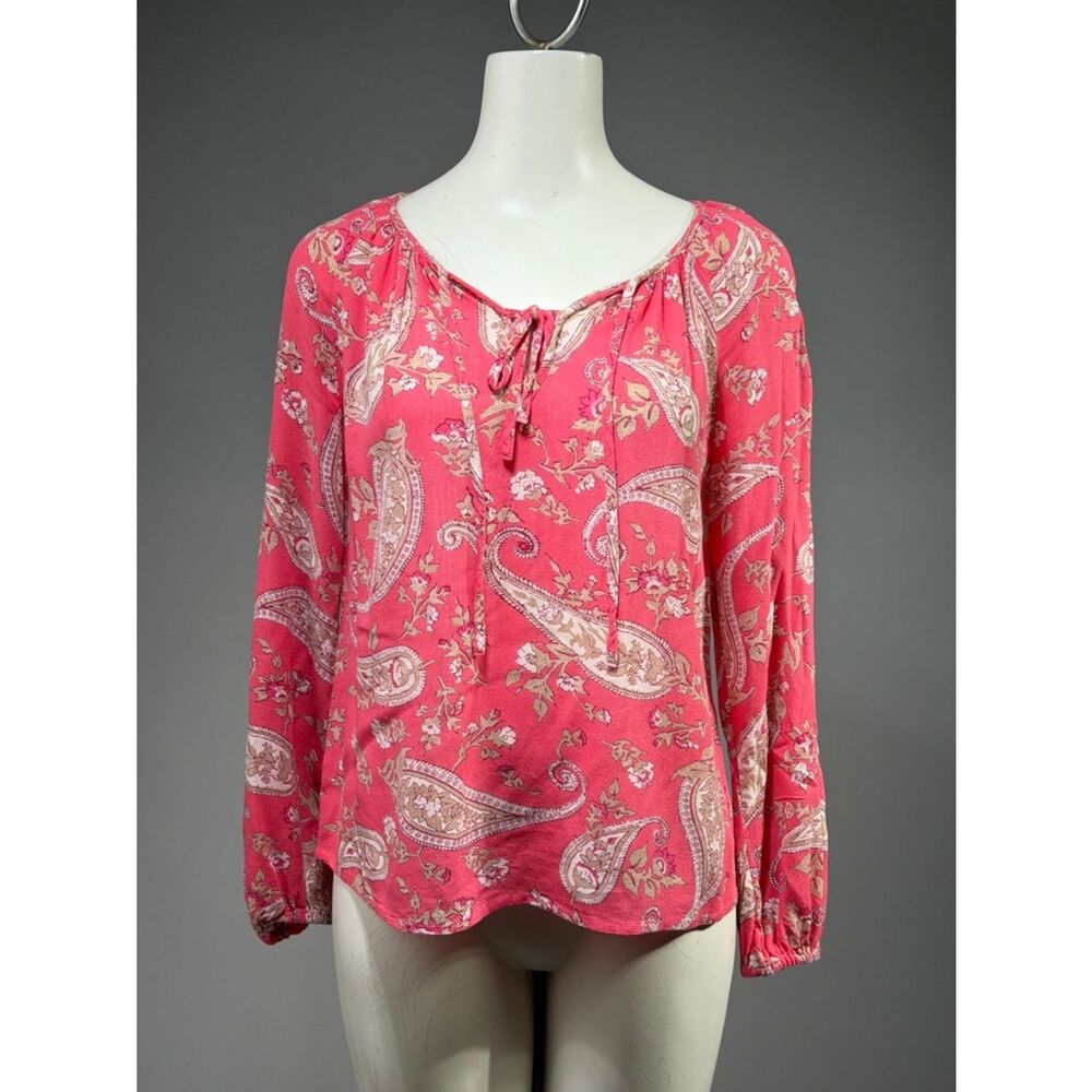 Lucky Brand Coral Pink Paisley Tie-Neck Blouse (r15)